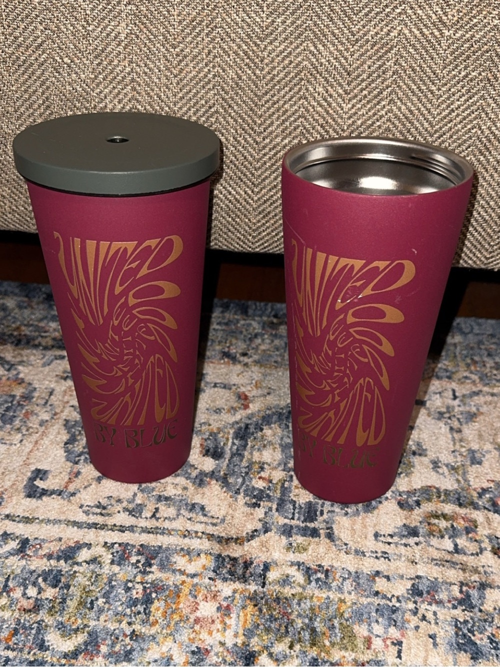 2 United By Blue 24 oz Insulated Steel Tumbler Cup Maroon Print BPA-FREE 1 Lid